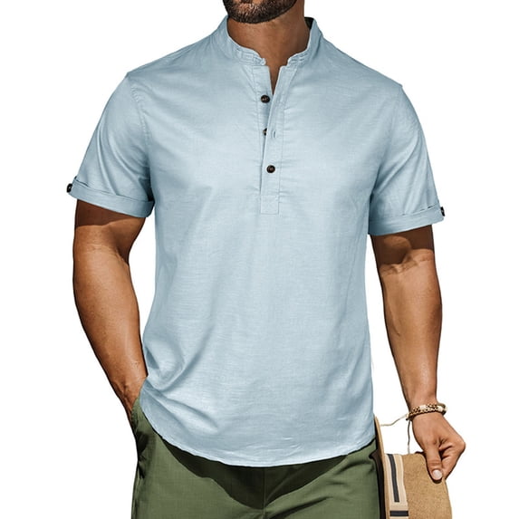 APEXFWDT Men's Stand Collar Cotton Linen Shirt Casual Short Sleeve Banded Collar Shirt for Vacation,XXL,Light Blue