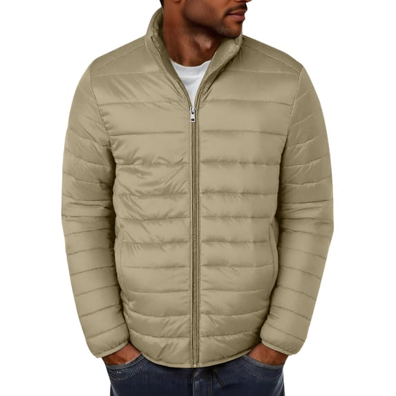 APEXFWDT Men's Stand-Collar Puffer Jacket Lightweight Zip-Up Casual Warm Coat Solid Color Long Sleeve Jacket for Winter Cold Days & Family Trips,XL,Beige