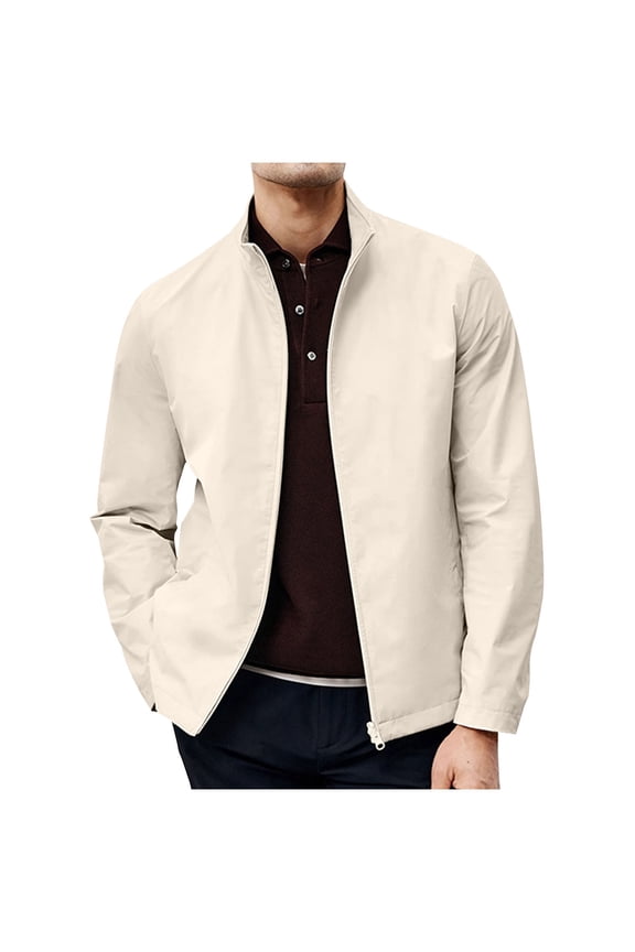 APEXFWDT Men's Stand Collar Zip Jacket - Lightweight Windbreaker with Zippered Pockets Spring/Fall Transitional Layer M-3XL,XXL,Beige