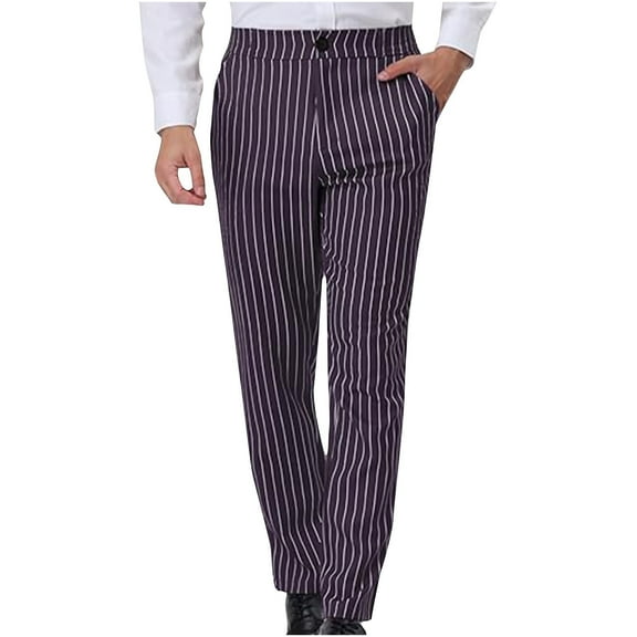 APEXFWDT Men's Striped Chino Pants Straight Leg Casual Dress Pants Button Closure Trousers with Pockets for Daily Commutes,L,Purple