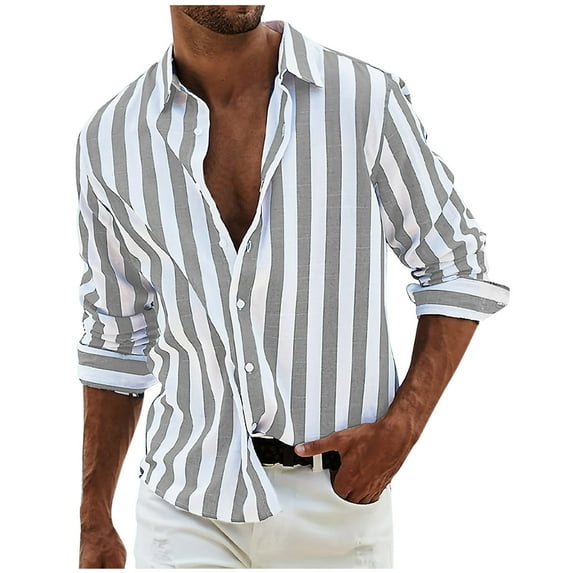 APEXFWDT Men's Striped Linen Shirts Long Sleeve Casual Button Down Shirts Lightweight Fashion Untucked Shirts S-3XL