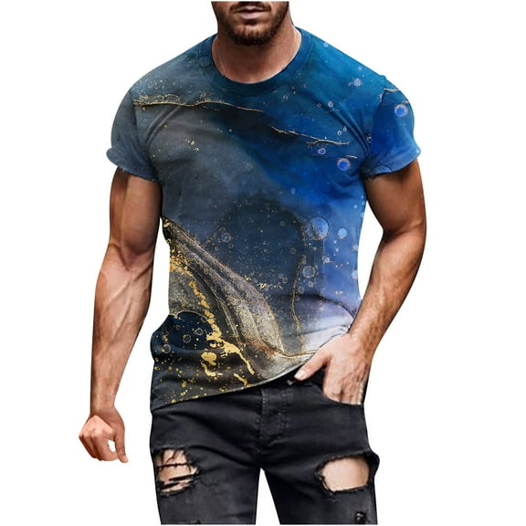 APEXFWDT Men's T-Shirt Big and Tall Short Sleeve Classic Basic Shirt Marble Print Crew Neck Fitted Cotton Blend Tees Stretch Lightweight Tops