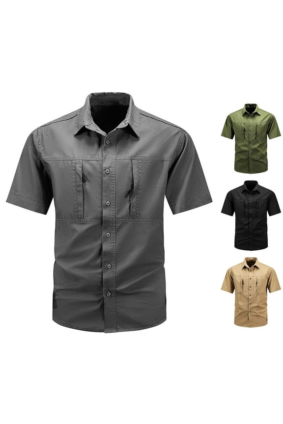Men's Tactical Cargo Work Short Sleeve Shirt Big and Tall Military Casual Shirts Tops Button Down Fishing Hiking Shirts with Zipper Pockets