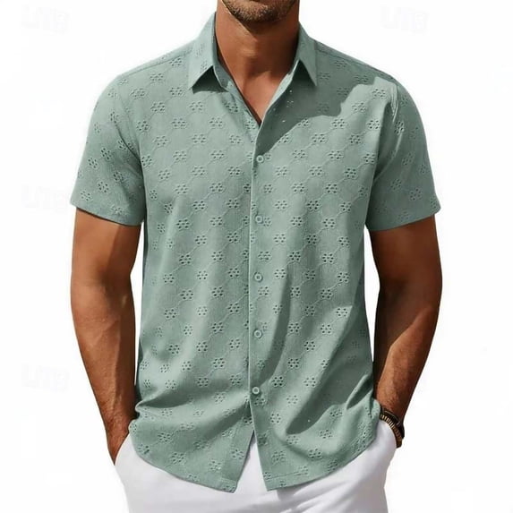 APEXFWDT Men's Textured Casual Shirt Short Sleeve Button Up Jacquard Dress Shirt for Office & Daily,M,Green