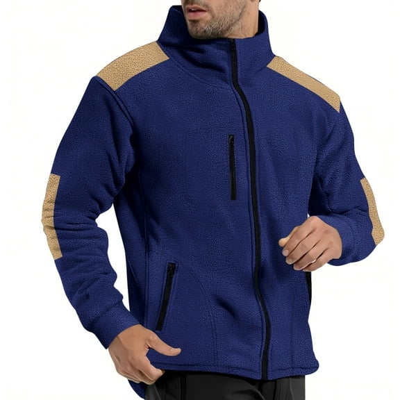 APEXFWDT Men's Thermal Polar Fleece Jacket Fall Winter Warm Zip-Up Stand Collar Coat with Multiple Zippered Pockets,L,Navy