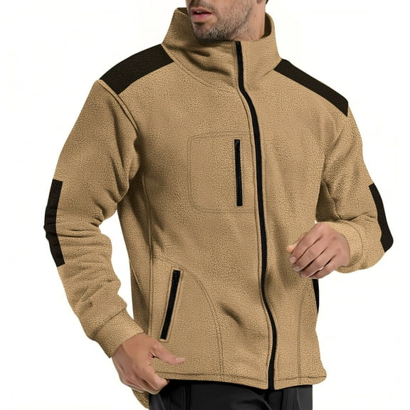 APEXFWDT Men's Thermal Polar Fleece Jacket Fall Winter Warm Zip-Up Stand Collar Coat with Multiple Zippered Pockets,XXXL,Khaki