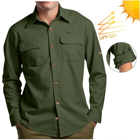 APEXFWDT Men's UPF50 Roll-Up Sun-Protective Shirt Long-Sleeve Button-Down Quick-Dry Outdoor Shirt for Fishing, Hiking & Travel,XL,Army Green