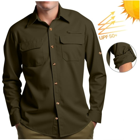 APEXFWDT Men's UPF50 Roll-Up Sun-Protective Shirt Long-Sleeve Button-Down Quick-Dry Outdoor Shirt for Fishing, Hiking & Travel,XL,Green