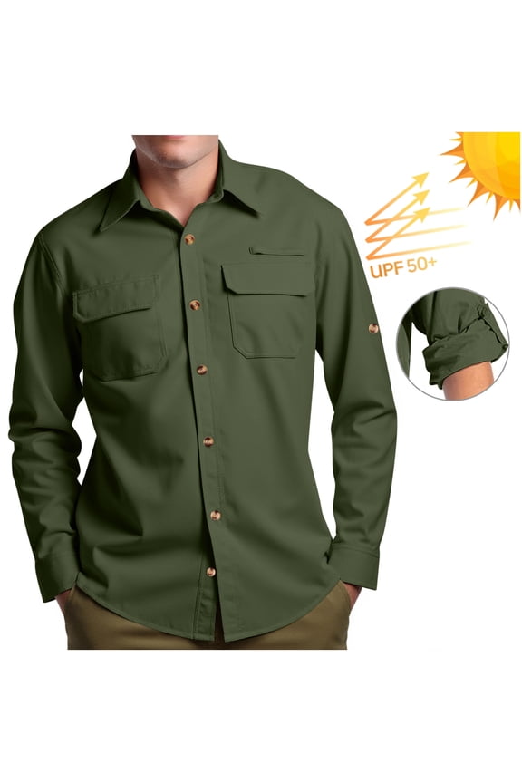 Men's UPF50 Roll-Up Sun-Protective Shirt Long-Sleeve Button-Down Quick-Dry Outdoor Shirt for Fishing, Hiking & Travel,XXL,Army Green