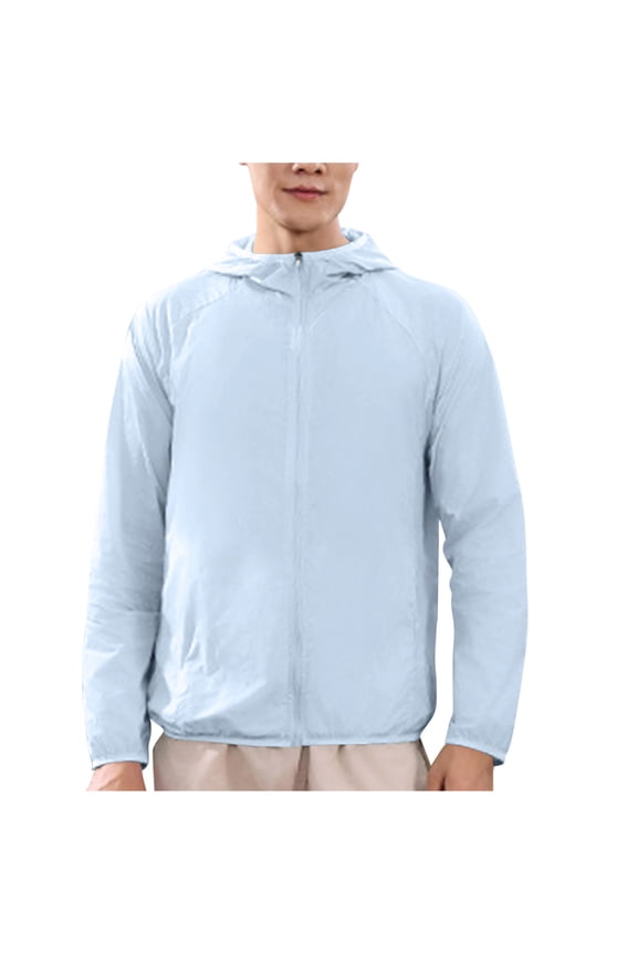 APEXFWDT Men's Ultra Light Sun Protection Jacket S-5XL - Packable Zipper Hooded Windbreaker with Pockets Summer Travel Essential,XXXXXL,Light Blue