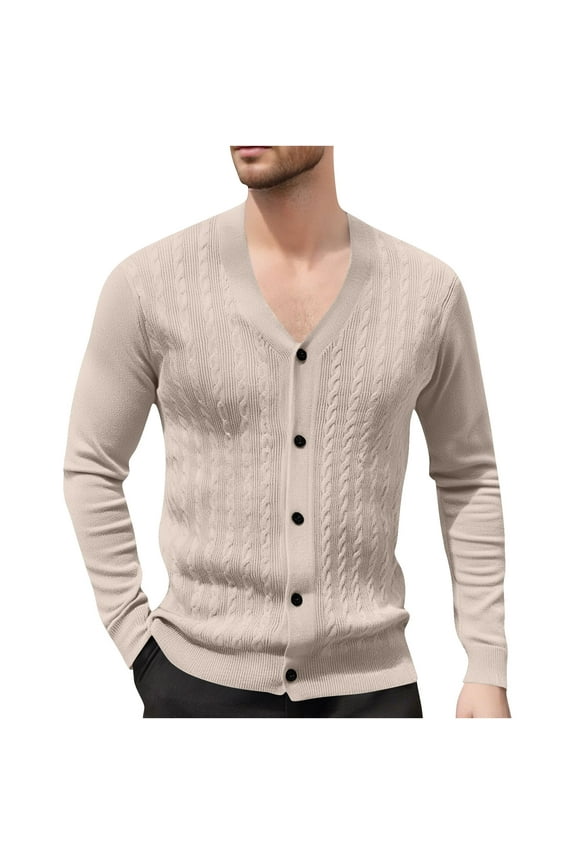 APEXFWDT Men's V-Neck Cardigan Sweater Long Sleeve Button-Down Knit Outerwear, Casual Layering Jacket,XL,Beige