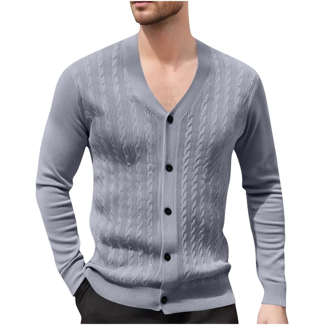 APEXFWDT Men's V-Neck Cardigan Sweater Long Sleeve Button-Down Knit Outerwear, Casual Layering Jacket,XS,Gray