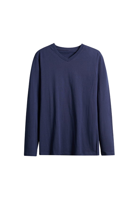 APEXFWDT Men's V Neck Long Sleeve Undershirt Relaxed Fit Solid Color Basic Tee Lounge Top for Daily Wear and Layering,L,Navy