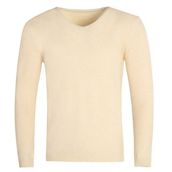 APEXFWDT Men's V Neck Sweater Long Sleeve Warm Knit Pullover Solid Color Base Layer Undershirt for Daily Wear,XXL,Beige