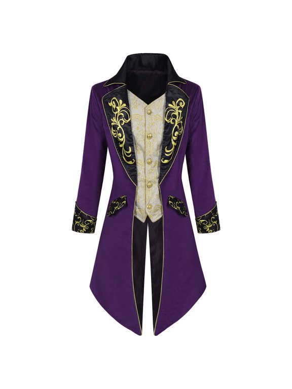 APEXFWDT Men's Victorian Prince Steampunk Tailcoat Medieval Embroidered Jacket Formal Costume Coat,L,Purple