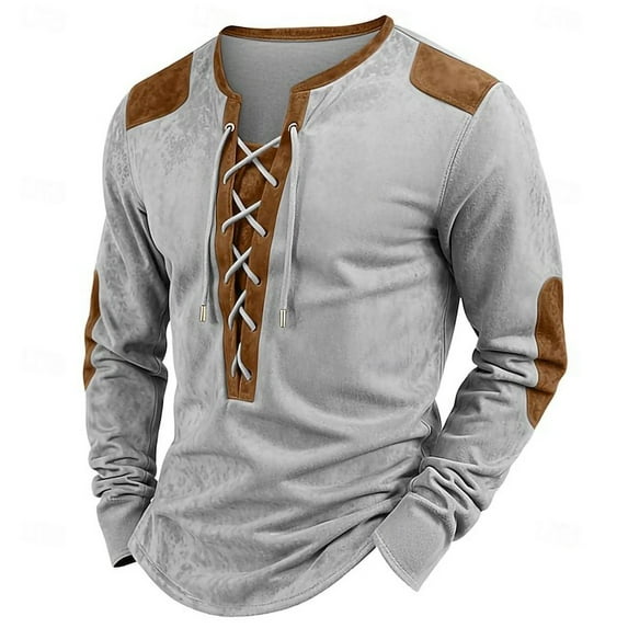 APEXFWDT Men's Vintage Colorblock Long Sleeve Top Lace-up Collar Medieval Gothic Shirt for Retro-Style Gatherings,XXL,Gray