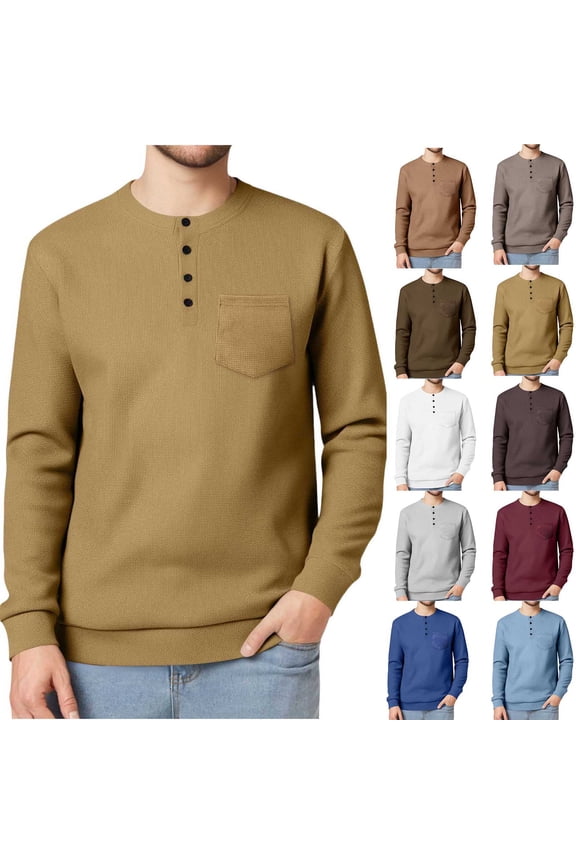 APEXFWDT Men's Waffle Henley Shirt Long Sleeve Crewneck Pullover Thermal Shirt Casual Base Layer for Golf & Office,M,Dark Gray