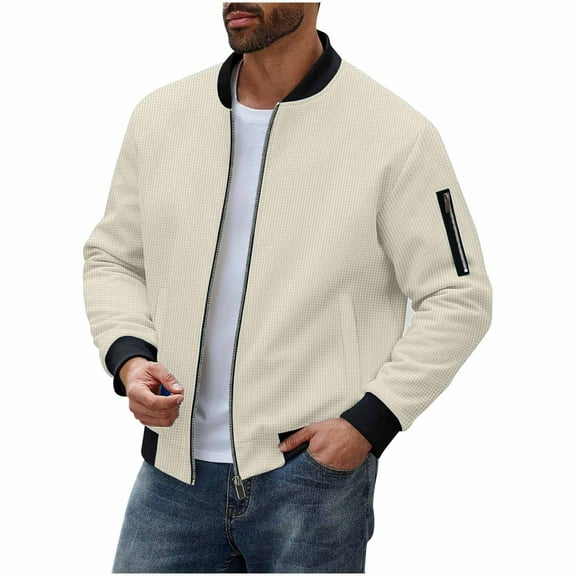 APEXFWDT Men's Waffle Knit Baseball Jacket Stand-Collar Zip-Up Colorblock Casual Jacket Long Sleeve Fall Jacket for Daily Commutes,XXL,Khaki