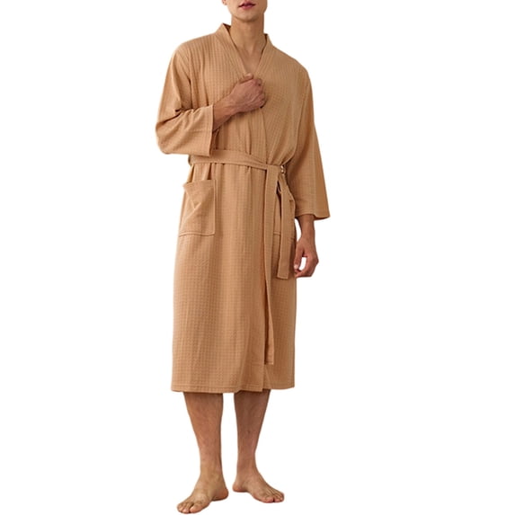 APEXFWDT Men's Waffle Knit Bathrobe, Lightweight 3/4 Sleeve Mid Length Casual Sleep Robe with Side Pockets