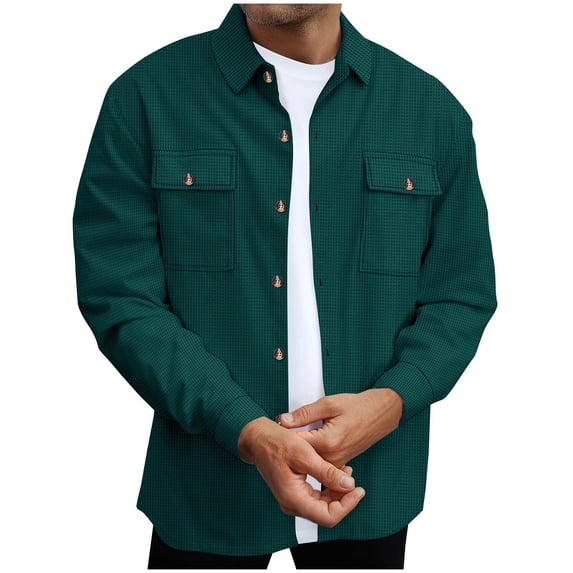APEXFWDT Men's Waffle Knit Button-Down Shirt Jacket Collared Long Sleeve Overshirt with Pockets, Layered Outerwear,L,Army Green