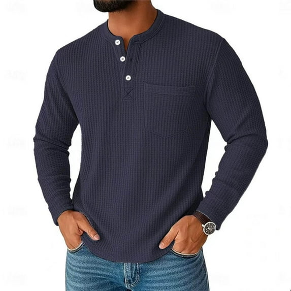 APEXFWDT Men's Waffle Knit Henley Shirt Solid Color Basic Pullover Long Sleeve Casual Base Top for Daily Commutes,XXXL,Navy