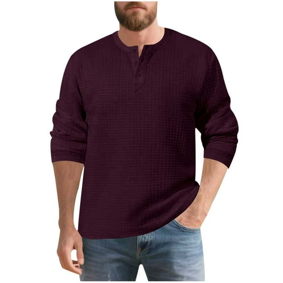 APEXFWDT Men's Waffle Knit Henley Top Casual Long Sleeve Base Layer Solid Color Fall Top for Daily Errands & Weekend