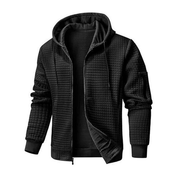 APEXFWDT Men's Waffle Knit Hooded Jacket Long Sleeve Zip-Up Athletic Outerwear Multiple Pockets Casual Jacket,M,Black