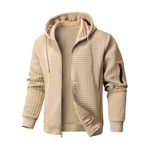 APEXFWDT Men's Waffle Knit Hooded Jacket Long Sleeve Zip-Up Athletic Outerwear Multiple Pockets Casual Jacket,M,Khaki