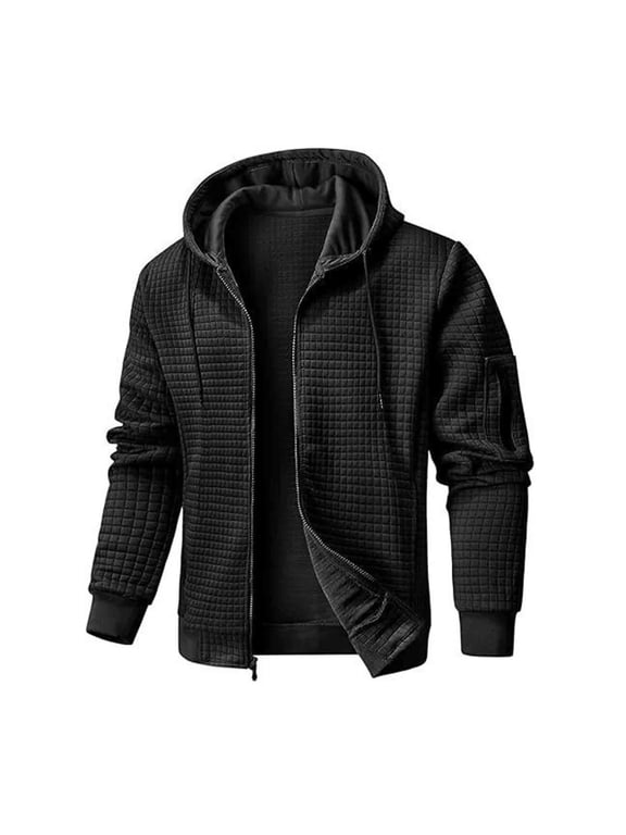 APEXFWDT Men's Waffle Knit Hooded Jacket Long Sleeve Zip-Up Athletic Outerwear Multiple Pockets Casual Jacket,XXXL,Black