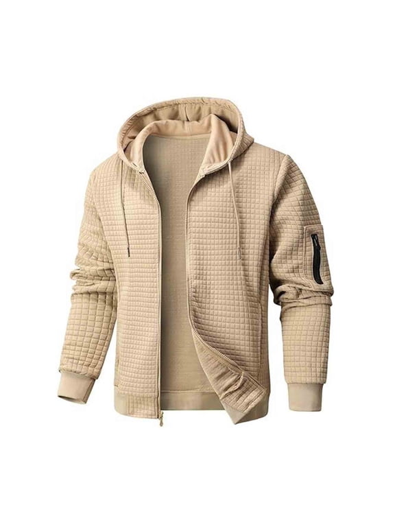 APEXFWDT Men's Waffle Knit Hooded Jacket Long Sleeve Zip-Up Athletic Outerwear Multiple Pockets Casual Jacket,XXXL,Khaki