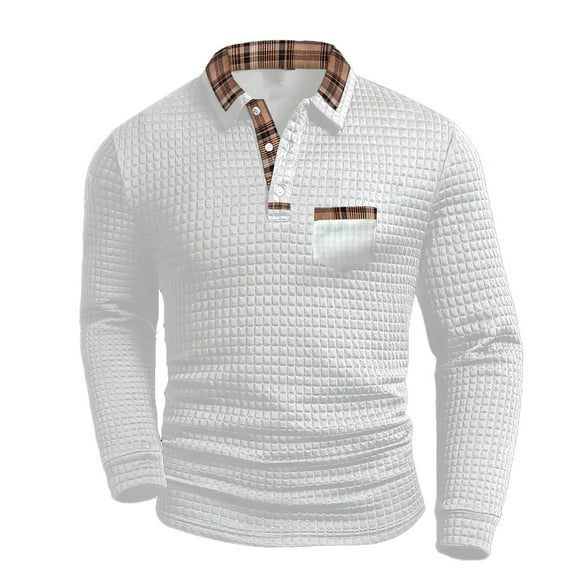 APEXFWDT Men's Waffle Knit Long Sleeve Collared Top - Plaid Print Casual Shirt Comfortable Daily Wear for Fall,XXXL,White