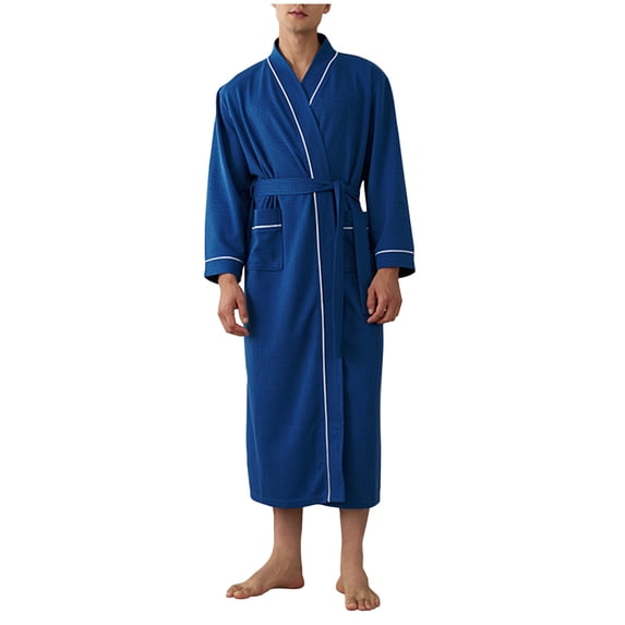 APEXFWDT Men's Waffle Knit Robe Long Sleeve Kimono Long Bathrobe with Pockets, Soft Comfortable Loungewear,XL,Blue