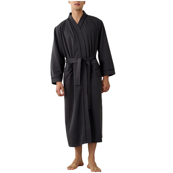 APEXFWDT Men's Waffle Knit Robe Long Sleeve Kimono Long Bathrobe with Pockets, Soft Comfortable Loungewear,XL,Dark Gray