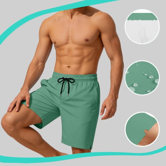 APEXFWDT Men's Waterproof Swim Shorts with Liner Drawstring Elastic Waist Athletic Beach Shorts with Pockets,XXXL,Green