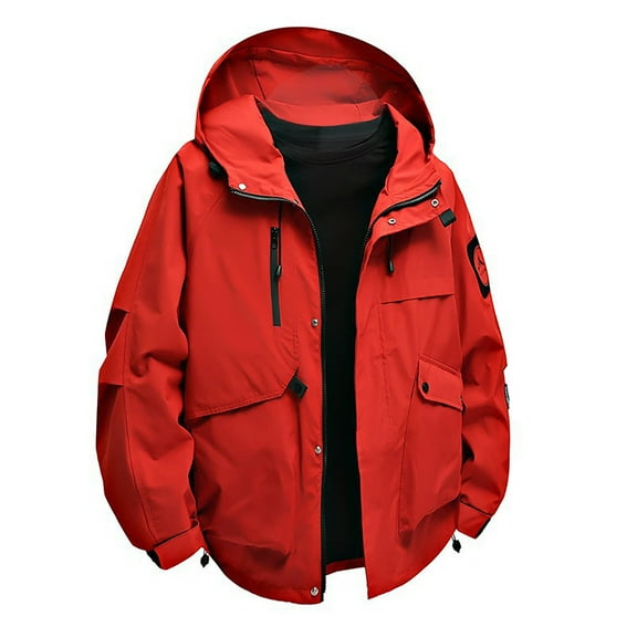 APEXFWDT Men's Waterproof Windproof Shell Jacket Outdoor Hooded Cargo Jacket Multiple Pockets Outerwear for Hiking,L,Red