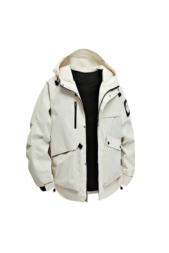 APEXFWDT Men's Waterproof Windproof Shell Jacket Outdoor Hooded Cargo Jacket Multiple Pockets Outerwear for Hiking,L,White