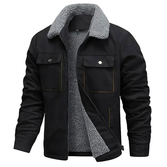APEXFWDT Men's Winter Sherpa-Lined Cargo Jacket Vintage Zip-up Trucker Work Jacket Warm Utility Coat for Outdoor Hiking Camping,L,Black