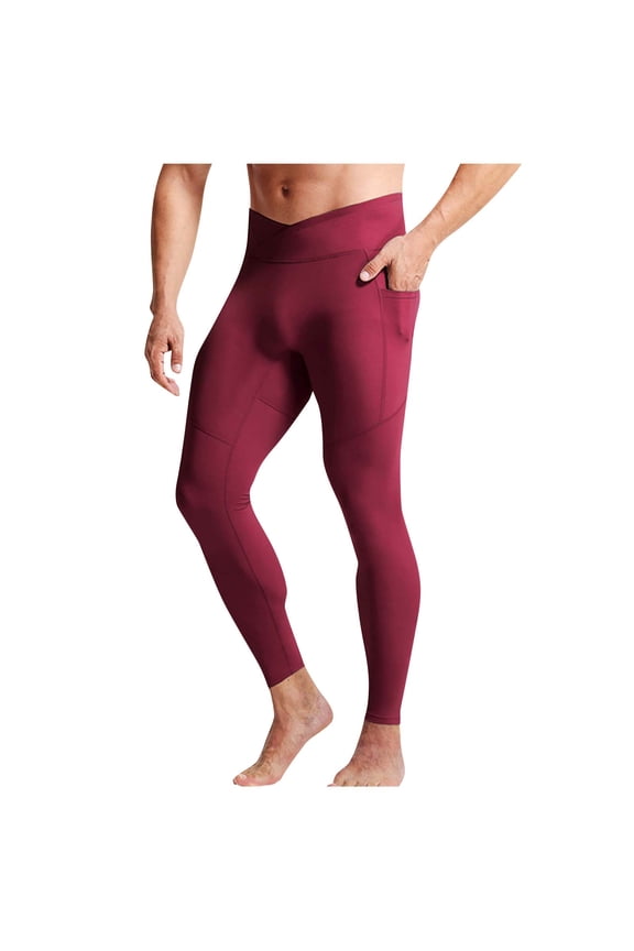 Men's Yoga Compression Pants Cross High-Waisted Base Layer Tights with Pockets for Running & Gym,M,Red
