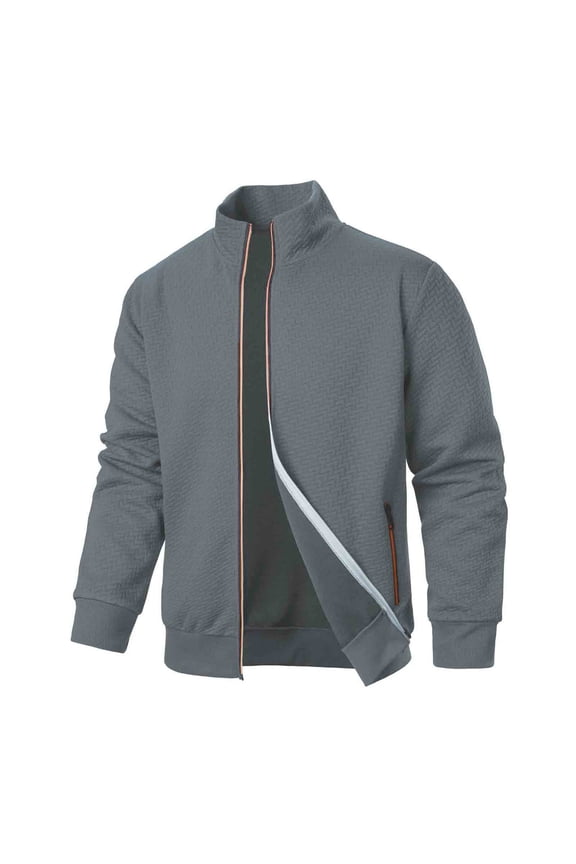 APEXFWDT Men's Zip-Up Stand Collar Jacket Jacquard Long Sleeve Lightweight Golf Coat with Zip Pockets, Sporty Outerwear,XXXL,Dark Gray