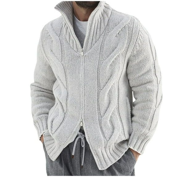 APEXFWDT Men's Zip Up Sweater Cardigan Long Sleeve Stand Collar Cable Knit Sweater Coat for Cool Weather,L,Gray