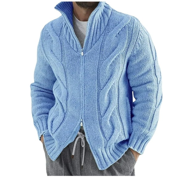 APEXFWDT Men's Zip Up Sweater Cardigan Long Sleeve Stand Collar Cable Knit Sweater Coat for Cool Weather,M,Sky Blue