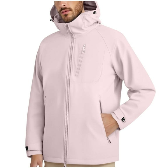 APEXFWDT Men's Zip-Up Waterproof & Windproof Jacket Stand Collar Hooded Rain Coat with Zip Pockets for Hiking, Travel & Fishing,L,Pink