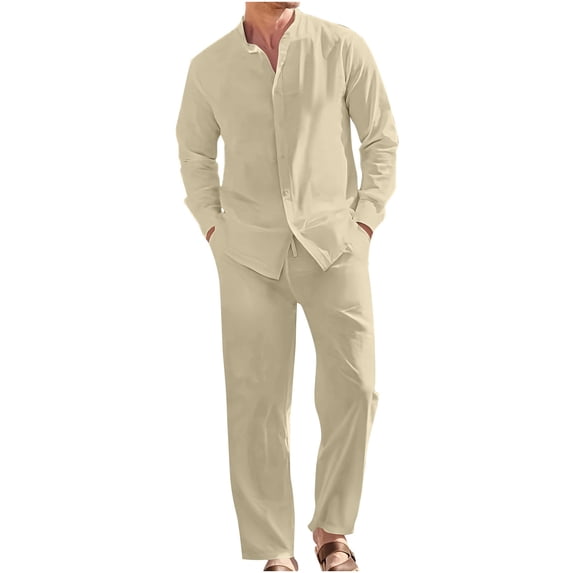APEXFWDT Mens 2 Piece Long Sleeve Button Down Cuban Shirt and Pants Set Summer Beach Outfits Casual Loose Pant Suits Tracksuits
