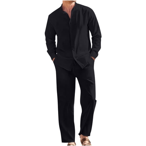 APEXFWDT Mens 2 Piece Long Sleeve Button Down Cuban Shirt and Pants Set Summer Beach Outfits Casual Loose Pant Suits Tracksuits