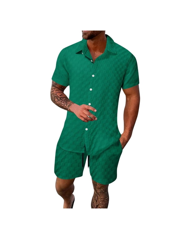APEXFWDT Mens 2 Piece Set Plaid Button Down Short Sleeve Shirt Drawstring Shorts Beach Resort Wear Lounge Set with Pocket Activewear M,Green