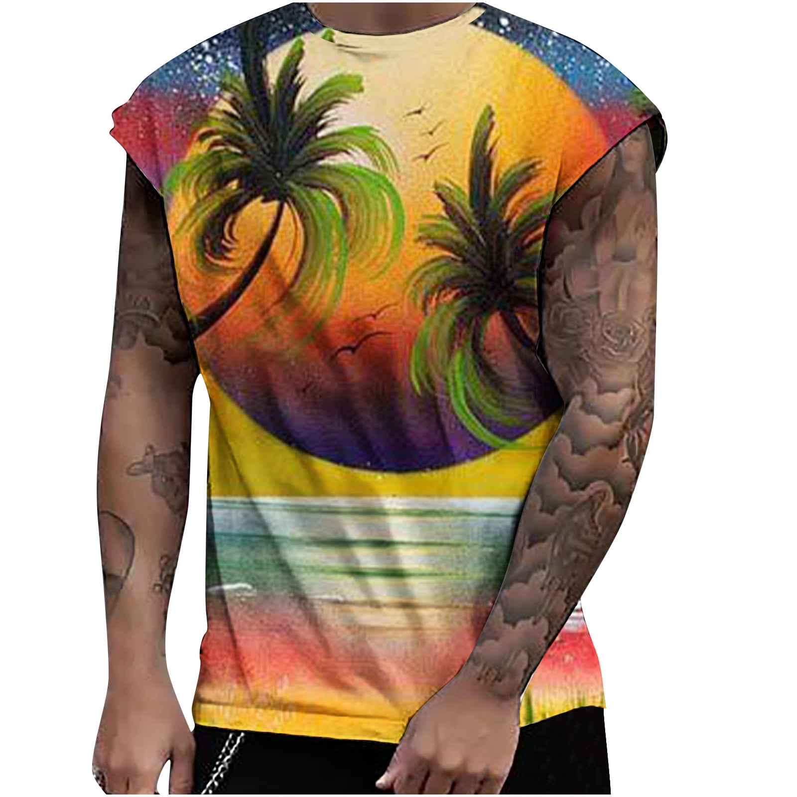 APEXFWDT Mens 3D Print Tank Top Sleeveless Palm Tree Novelty Tee Summer