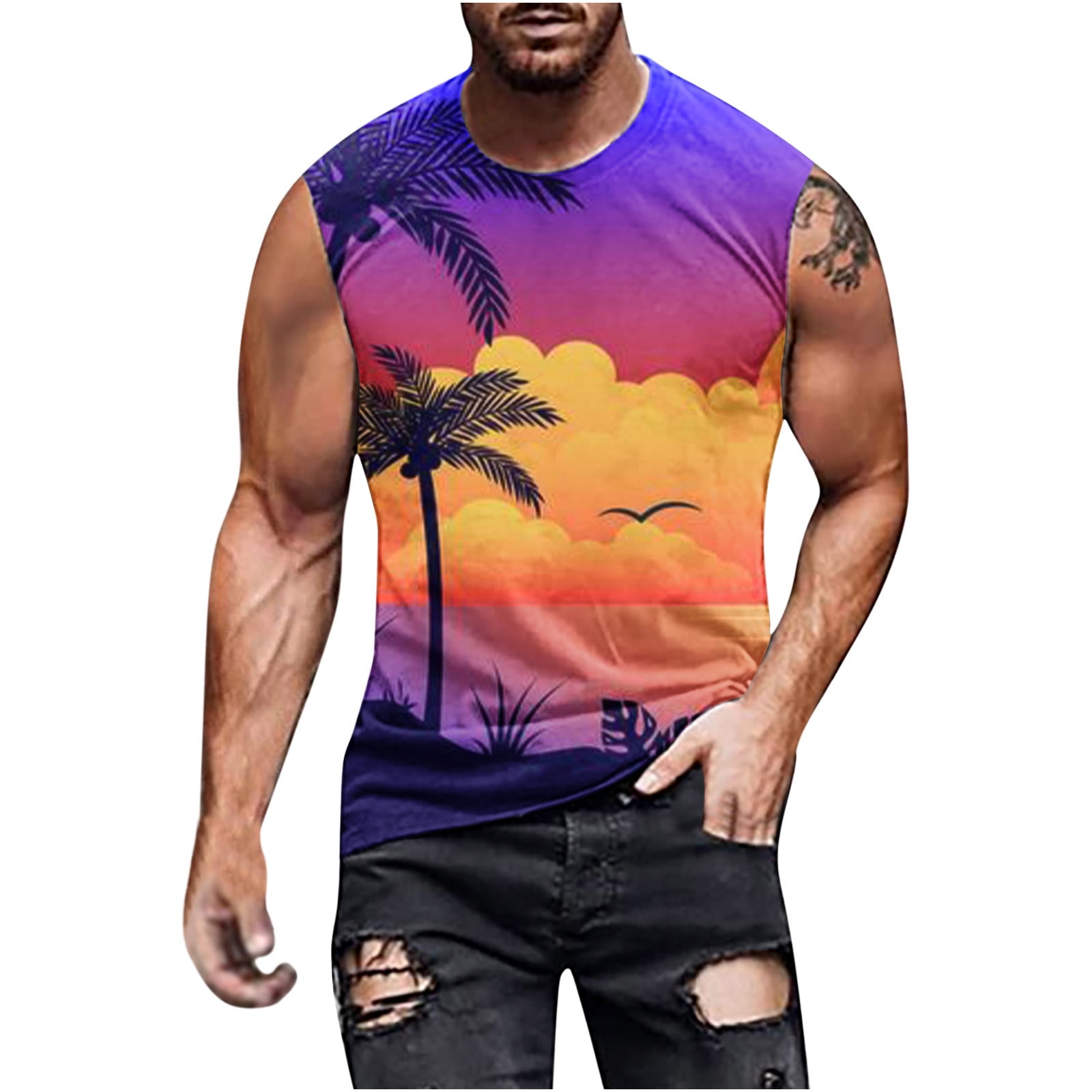 APEXFWDT Mens 3D Print Tank Top Sleeveless Palm Tree Novelty Tee Summer