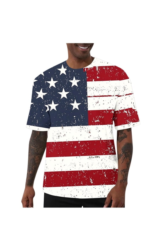Mens 4th of July Short Sleeve T-Shirt Big&Tall Love Heart Graphic Tees USA Stars Stripes Patriotic Top,S,Blue