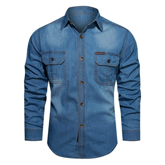 APEXFWDT Mens Big and Tall Button Down Denim Shirt Long Sleeve Lapel Jean Shirt Casual Slim Fit Washed Denim Shirts with Chest Pockets
