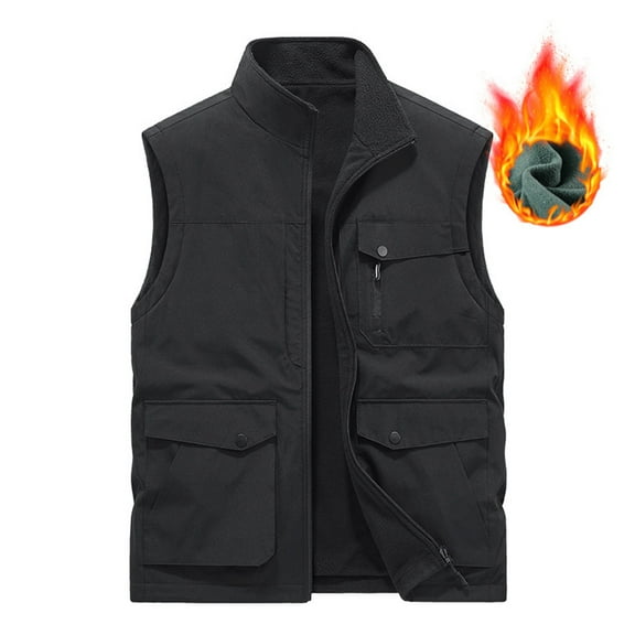 APEXFWDT Mens Big and Tall Winter Vests Outerwear Fleece Lined Cargo Vest Lightweight Casual Sleeveless Jacket Stand Collar Windproof Jacket Coat